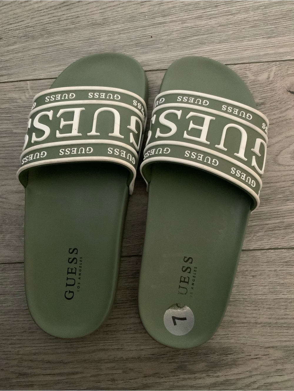 GUESS Olive Green Logo Strap Slides with White Trim SZ 7